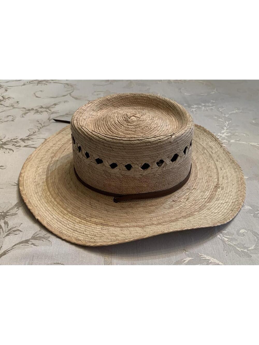 XL Palm Braid Large Brim Gambler Sun Hat w/ Chin Strap
